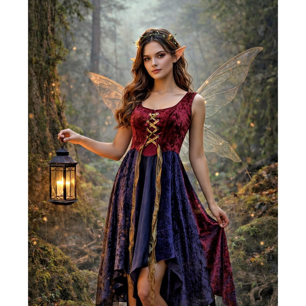 Dark Fairy Costume Overdress Burgundy & Blue Velvet Lace Up Fantasy Ren Faire - Picture 1 of 10